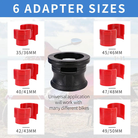 Universal Motorcycle Fork Seal Driver Tool Kit, 14-Piece All-In-One Set With 6 Pairs Adapters (35/36mm to 49/50mm) sizes.