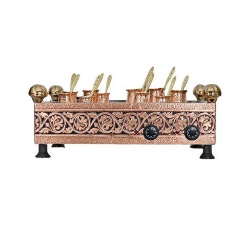 Turkish Copper Electric Hot Sand Coffee Maker Heater For Home Use 110V 220V Ready, Large Copper Coffee Machine shown with pots