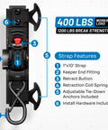 Diagram of Bed Mounted Retractable Tie Down Straps for Chevy Silverado showing 400 lb load rating and strap features.