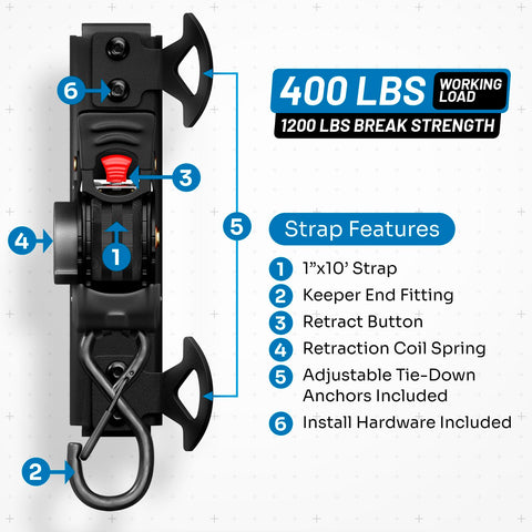 Diagram of Bed Mounted Retractable Tie Down Straps for Chevy Silverado showing 400 lb load rating and strap features.
