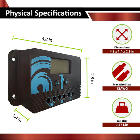 Physical specifications of 10A PWM charge controller from 100W 12V Solar Power Kit With 20Ah LiFePO4 Battery, 100W Mono Panel