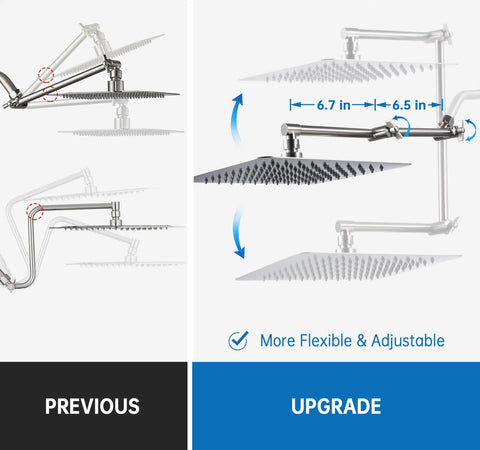Comparison of All Metal 10 Inch Rain Shower Head With 13 Inch Adjustable Brass Extension Arm, highlighting flexibility and adjustability upgrades.