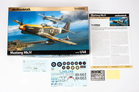 Mustang Mk.IV ProfiPack 1:48 Scale Model Kit For WWII Fighter Fans box, decals, and instructions displayed.