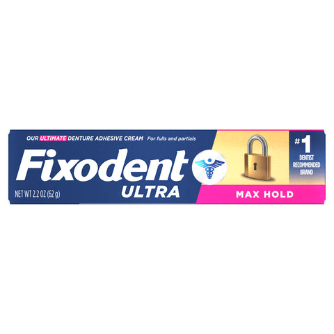 Ultra Max Hold Denture Adhesive Two Point Two Ounce Size All Day Strong Seal That Keeps Food From Getting Between Dentures And Gums And Helps Prevent Soreness For A Comfortable Confident Smile packaging