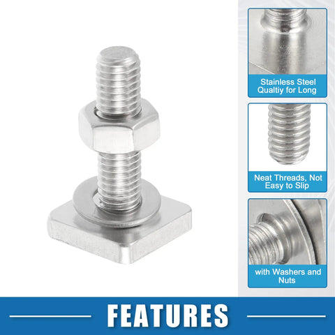 Heavy Duty M8 T Slot Bolts For Car Roof Racks, Premium Stainless Steel Track Fasteners With Nuts And Washers, Built Like A Tank Cargo Carrier Mounting Hardware, Pack Of Six close-up showing nut, bolt, and square washer design.
