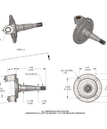 Technical diagram of Forged Front Spindles With King Pins For Ford 1928 1948, One Piece Drop Forged 4140 Steel. Dimensions shown.