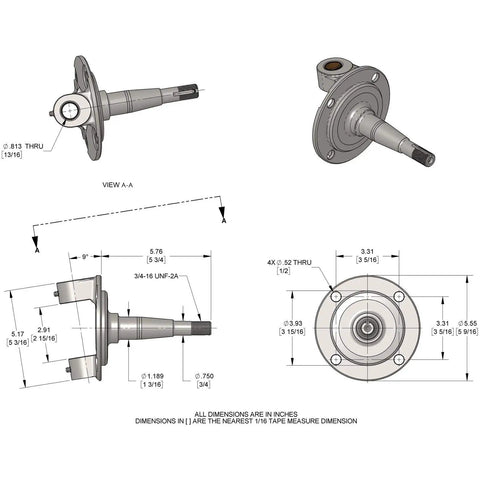 Technical diagram of Forged Front Spindles With King Pins For Ford 1928 1948, One Piece Drop Forged 4140 Steel. Dimensions shown.
