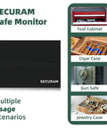 Smart All In One Gun Safe Security Monitor With Laser Door Alarm And Real Time Temperature Humidity And Vibration Tracking For Safe Box And Cabinet Storage Real Time Alerts And Easy Remote Monitoring on black unit for safes, cabinets, and jewelry boxes