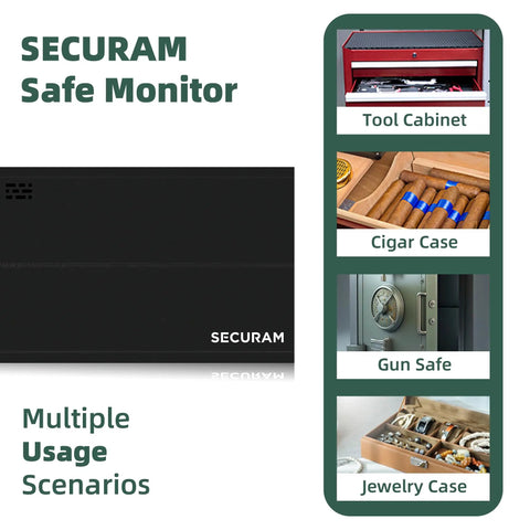 Smart All In One Gun Safe Security Monitor With Laser Door Alarm And Real Time Temperature Humidity And Vibration Tracking For Safe Box And Cabinet Storage Real Time Alerts And Easy Remote Monitoring on black unit for safes, cabinets, and jewelry boxes