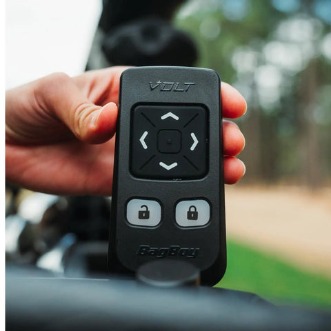 Close-up of remote control for Electric Golf Push Cart With Roomy Seat Featuring Full Directional Remote Nine Speed Levels.