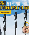 Close-up of tarp clips securing a tarp with text highlighting strong grip, part of Six Piece Heavy Duty Bungee Cords With Carabiners Set.
