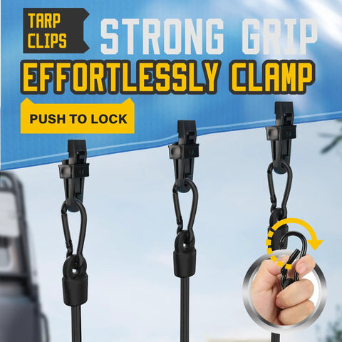Close-up of tarp clips securing a tarp with text highlighting strong grip, part of Six Piece Heavy Duty Bungee Cords With Carabiners Set.