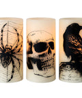 Halloween LED Flameless Candles 3 Pack With 6 Hour Timer Battery Operated 3 Inch Diameter By 6 Inch Height Spooky Decals