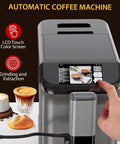 No Hustle Automatic Espresso Machine With Built In Grinder And Milk Frother Steam Wand showing LCD touch screen for easy selection.
