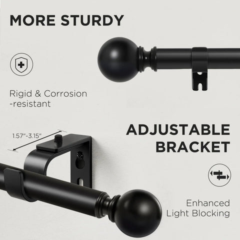 Heavy Duty Adjustable Curtain Rod Set 32 To 120 Inches 1 Inch Diameter Black Finish with brackets and light blocking feature