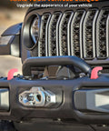 Close-up of Jeep Wrangler front with Pink 2-Piece Front Bumper Tow Hook Covers For Jeep Wrangler JK JL 4xe And Gladiator JT 2007-Present
