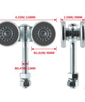 Box Rail Hanger Set 2 Pack With Double Wheel Rail Trolleys For Sliding Barn Doors Total Load Capacity 441 Lbs Zinc Coated Steel For Rust Resistance Smooth Quiet Operation And Durable Barn Door Hardware, front view.