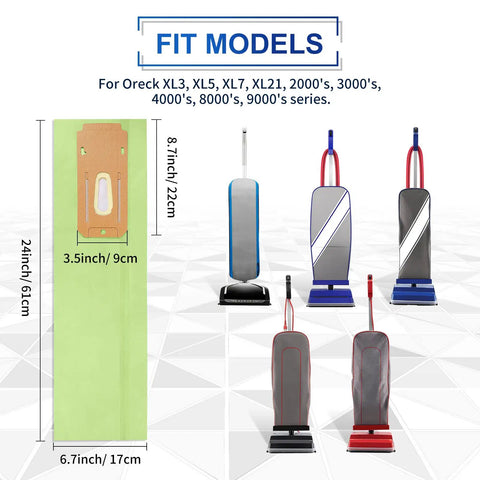 Type CC Vacuum Bags 12 Pack For Oreck XL Upright Vacuum Cleaners with fit models diagram and vacuum dimensions