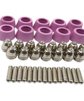 Durable Plasma Cutter Consumable Kit Featuring High Grade Torch Tips And Nozzles For SG 55 AG 60 And WSD 60p Machines To Boost Cutting Performance including pink ceramic cups and silver torch tips.