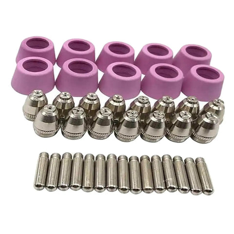 Durable Plasma Cutter Consumable Kit Featuring High Grade Torch Tips And Nozzles For SG 55 AG 60 And WSD 60p Machines To Boost Cutting Performance including pink ceramic cups and silver torch tips.