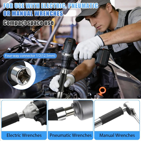 Offset Extension Wrench For Drill, One Half Drive Impact Wrench Extender With Three Eighths And One Quarter Inch Adapters, Right Angle Tool
