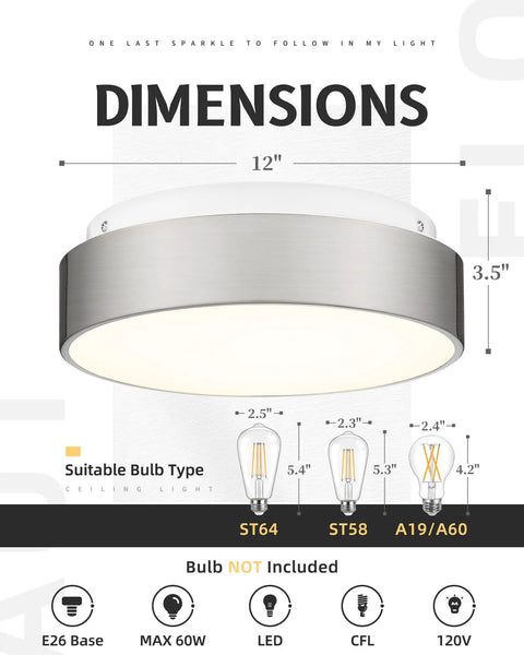 12 Inch Flush Mount Ceiling Light Fixture With Frosted Glass Shade In Brushed Nickel Finish, dimensions and bulb type diagram