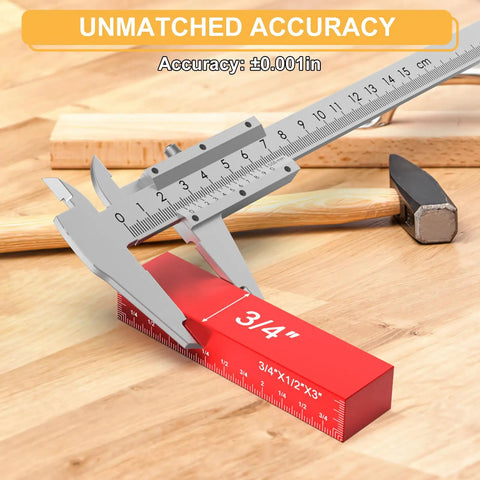 Woodworking Setup Blocks Height Gauge Set with ruler and 3/4 inch red aluminum block on wooden surface