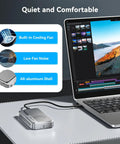 No Sweat Setup M.2 NVMe SSD Enclosure With Blazing 80Gbps Thunderbolt 5 support, aluminum shell, cooling fan, connected to laptop.