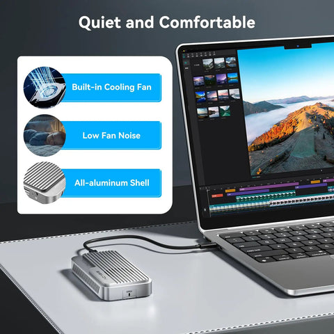 No Sweat Setup M.2 NVMe SSD Enclosure With Blazing 80Gbps Thunderbolt 5 support, aluminum shell, cooling fan, connected to laptop.