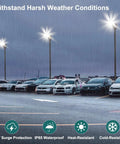 LED Parking Lot Light With 240W 200W And 150W Options illuminating wet parking lot in rain