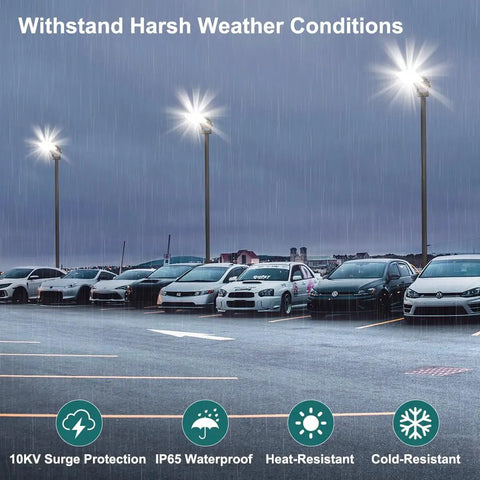 LED Parking Lot Light With 240W 200W And 150W Options illuminating wet parking lot in rain