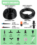 DIY Drip Irrigation Kit For Garden Watering 230 Feet Setup contents with hose, sprinklers, connectors, and fittings shown