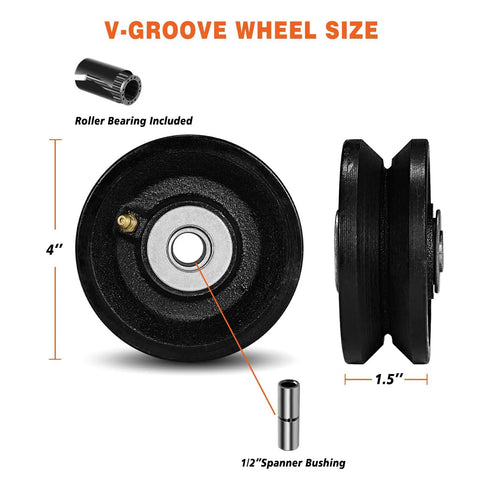 Cast Iron V Groove Wheel With Roller Bearing 4 Inch By 1.5 Inch Heavy Duty Caster For Roll Tracks And Sliding Gates 600 Lb Per Wheel 1200 Lb Per Pair Two Pack Black Industrial Casters, 4-inch view
