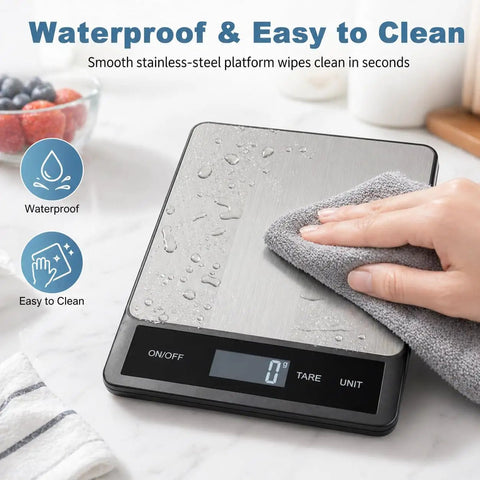 Digital Kitchen Scale With 33Lb Capacity, Waterproof Stainless Steel Surface, USB Rechargeable Power being cleaned