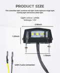 Bright LED Motorcycle License Plate Light Upgrade with 2-wire connection, size dimensions, and durable black plastic shell, 12V voltage.