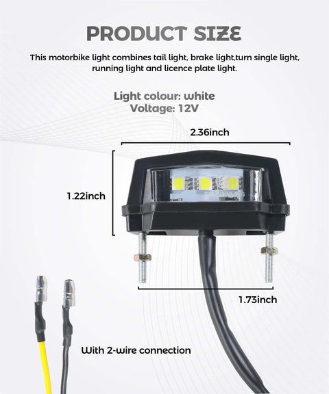 Bright LED Motorcycle License Plate Light Upgrade with 2-wire connection, size dimensions, and durable black plastic shell, 12V voltage.