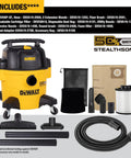Hardworking StealthSonic Wet Dry Shop Vac Six Gallon Five HP Ultra Quiet Vacuum with accessories and hose for tough mess cleanup.