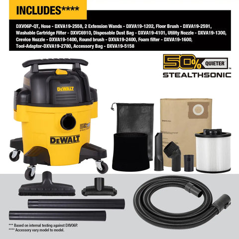 Hardworking StealthSonic Wet Dry Shop Vac Six Gallon Five HP Ultra Quiet Vacuum with accessories and hose for tough mess cleanup.