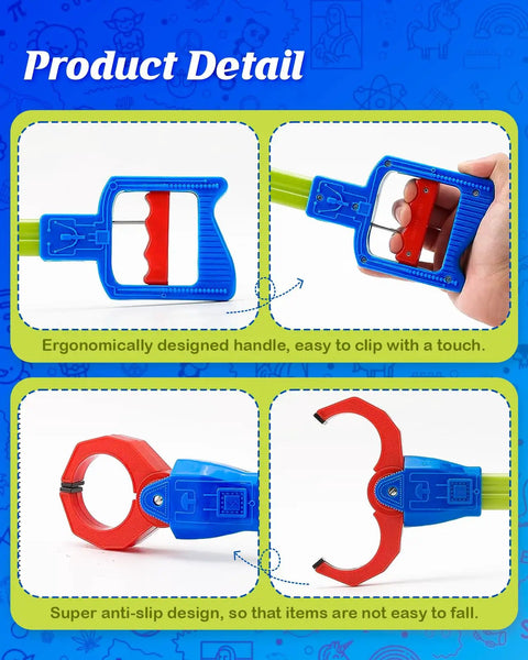 Close-up of Blue Robot Arm Claw Grabber Toy For Kids 15.7 Inch Flexible Pickup Tool with ergonomic handle and anti-slip design.