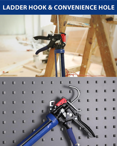 Caulking Gun With Adjustable Flow For 10 Oz Tubes 18 To 1 High Thrust And 9 To 1 Low Flow hanging on a ladder and pegboard.