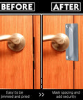 Before and after image of Heavy Duty Door Latch Guard Plates Two Pack Security Strike Plates on wooden door handle.