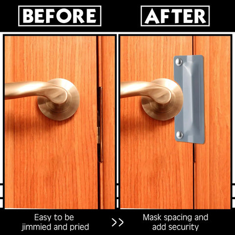 Before and after image of Heavy Duty Door Latch Guard Plates Two Pack Security Strike Plates on wooden door handle.