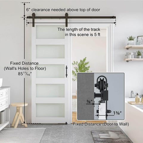 Glass Barn Door 28 x 84 In With 5 Ft Sliding Hardware Kit And Handle, Pre-Drilled Ready To Assemble, Waterproof PVC Coating