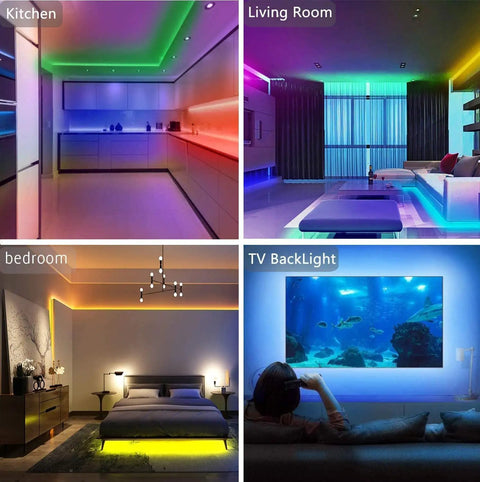 100Ft RGB LED Strip Lights Kit With 2 Rolls Of 50Ft illuminating kitchen, living room, bedroom, and TV backlight in various colors