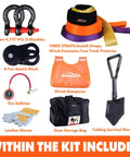 11 Piece Offroad Recovery Kit For Jeep Truck SUV With Snatch Straps Winch Extension D Shackles Shovel Tire Deflator Leather Gloves Dampener And Gear Bag For Mud Sand Snow Recovery items layout