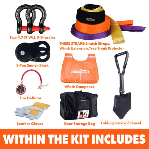 11 Piece Offroad Recovery Kit For Jeep Truck SUV With Snatch Straps Winch Extension D Shackles Shovel Tire Deflator Leather Gloves Dampener And Gear Bag For Mud Sand Snow Recovery items layout