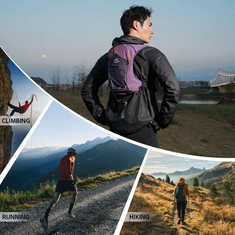 Man wearing Ultra Lightweight 8L Hydration Vest With 500ml Bottle for Men and Women, climber, runner, and hiker with backpack.