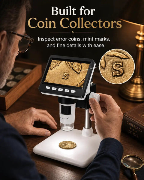 Coin Microscope 1000X With 4 3 Inch LCD Screen For Error Coins And Mint Marks For Coin Nerds 1080P USB Microscope With 8 Adjustable LEDs Photo And Video Capture Built In Storage Works With Windows And Mac, collector inspecting a coin
