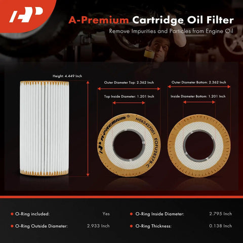 20K Miles Upgraded Protection Oil Filter With Heavy Duty Build displayed with dimensions and O-ring details for Porsche Cayenne, 911, Boxster, Cayman, 918 Spyder, Carrera GT.