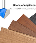 Pack Of 8 Hardcore Professional Carbide Router Bits For 90 Degree V Grooves And Chamfering Woodwork On Plywood shown on various wood samples